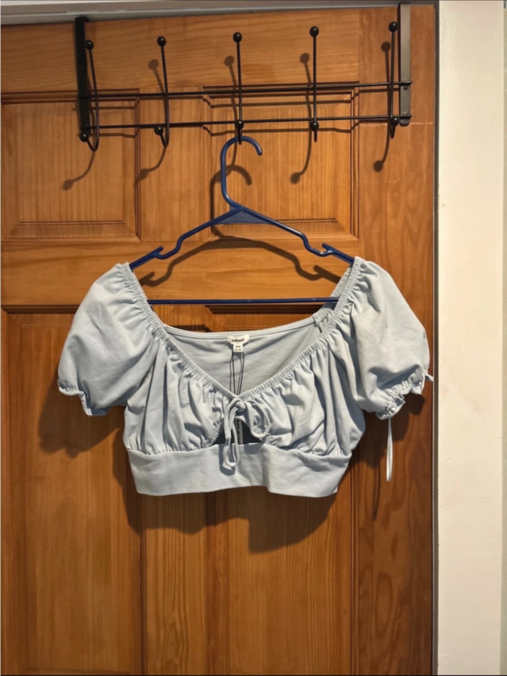 Light Blue Puff Sleeve Crop Top with Tie Front